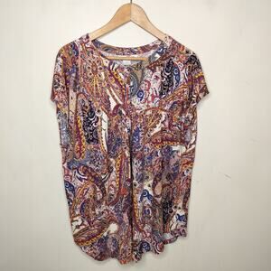 Liz Claiborne Top Floral Paisley Boho Stretch Knit Henley